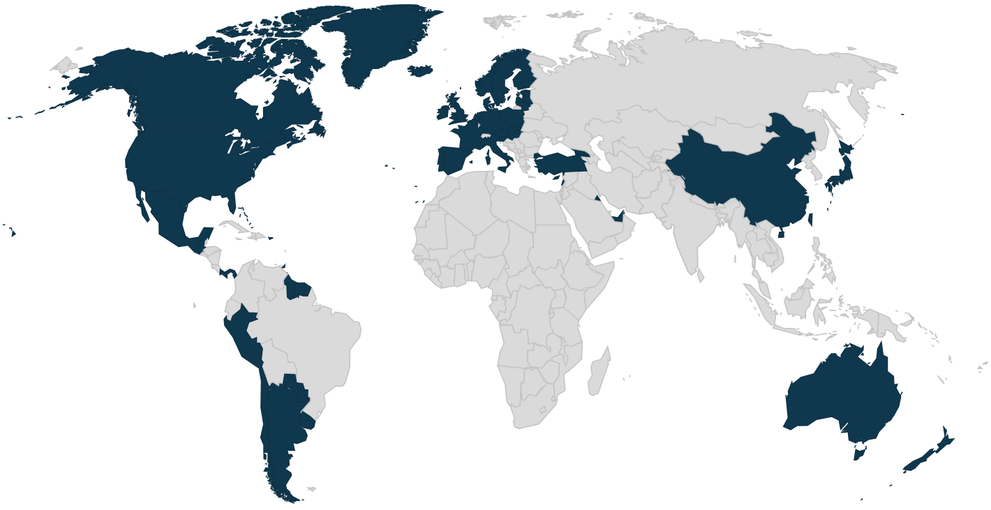 World Map with darkened locations where ARB products are sold